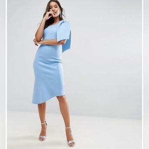 Women's Blue Premium Scuba One Shoulder Big Bow Peplum Midi Dress